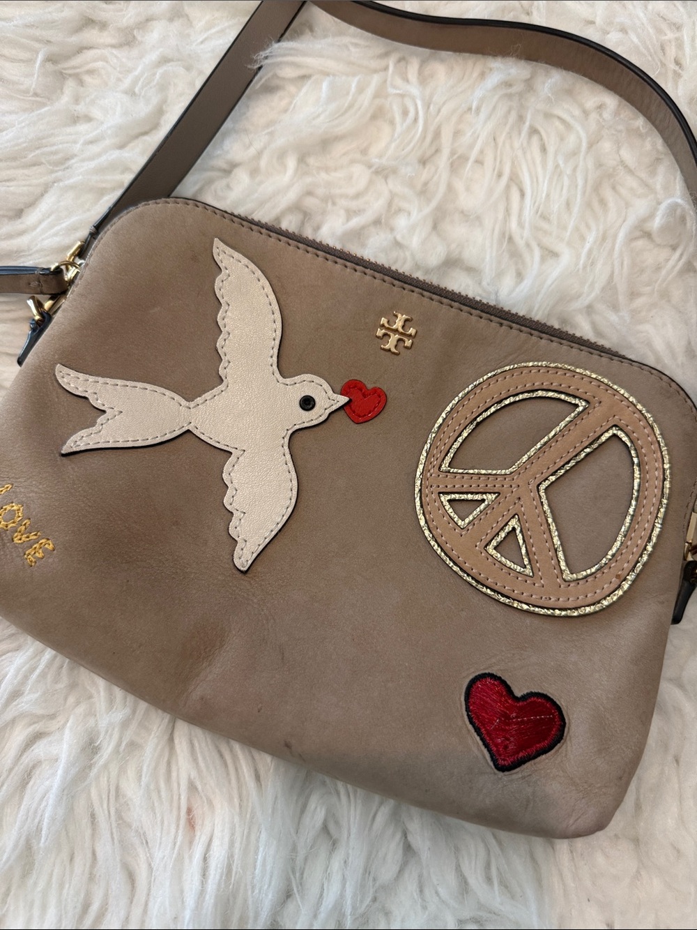 Tory Burch Taupe Leather Crossbody with Dove, Peace & Red Heart Accents - Picture 1 of 8